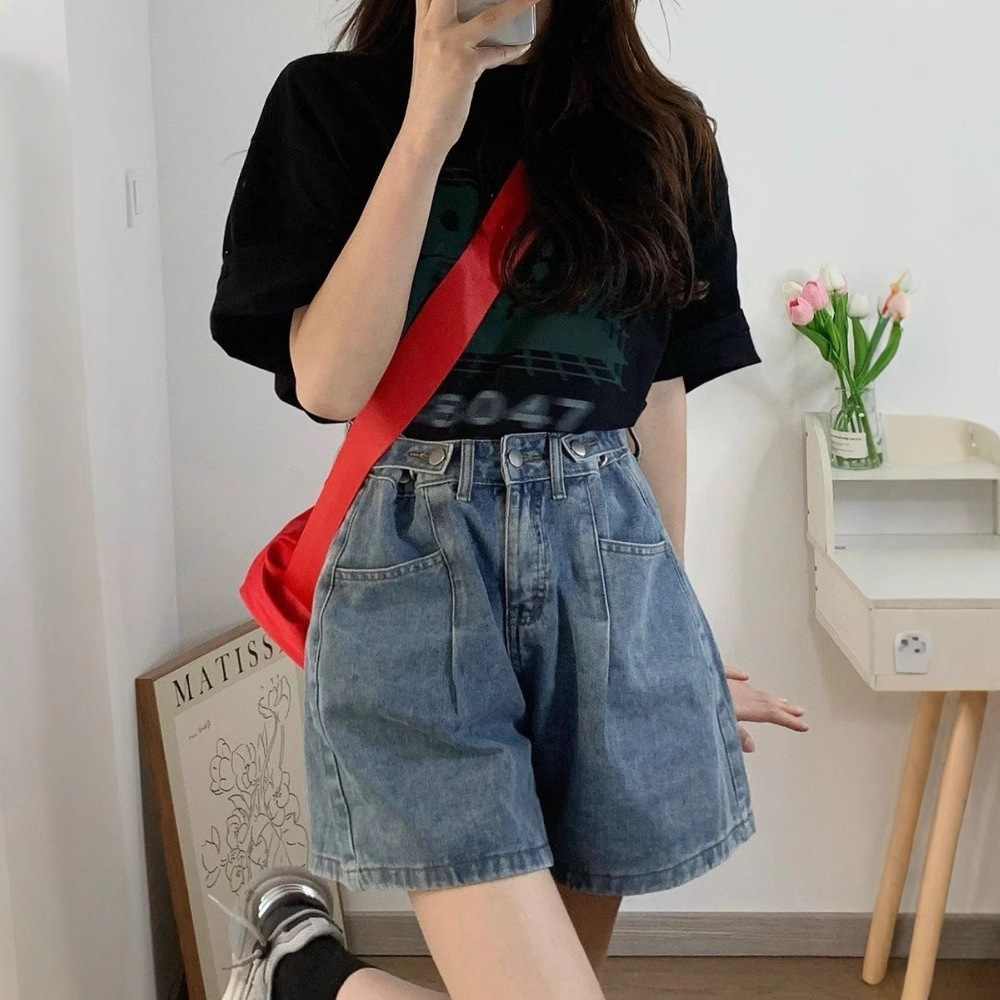 높은 허리 데님 반바지 여자 여름 느슨한 캐주얼 플러스 사이즈 A 라인 슬리밍 통통녀 바지 배 모양의 그림 바지