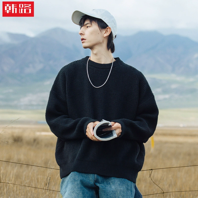 Однотонный свитер с толстой текстурой и иглой, новый мужской осенне-зимний свитер в японском стиле для пар, свободный тяжелый вязаный свитер в стиле ретро с круглым вырезом