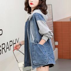 连帽拼接牛仔外套女宽松胖MM休闲显瘦减龄上衣小个子2025春秋新款