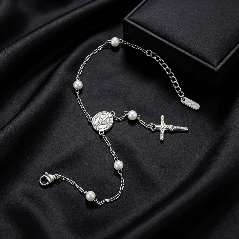 Pulsera de Perlas de Imitación con Dije Redondo de Aleación, Galvanizada, para Mujer