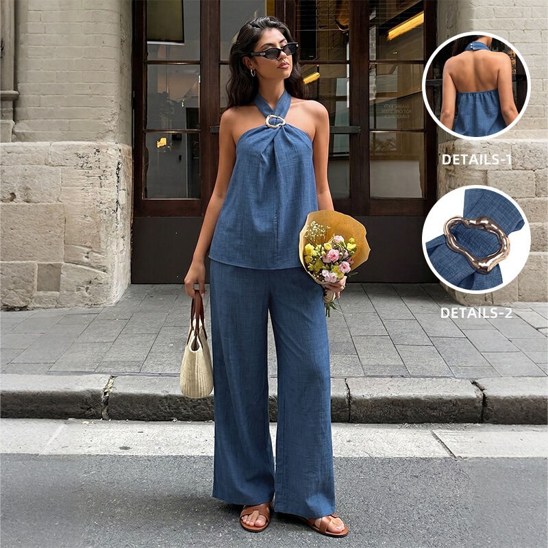 2026 Summer New Solid Color Two-Piece Set Sleeveless Halter Neck Suit European and American Cross-Border Casual Loose Pants Set for Women 2026 Summer New Solid Color Two-Piece Set Sleeveless Halter Neck Suit European and American Cross-Border Casual Loose Pants Set for Women