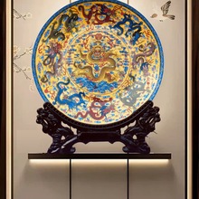 九龙盘赏盘摆件景德镇陶瓷器玄关博古架客厅电视柜挂盘装饰品绢花