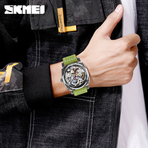 Skmei Mechanical Men's Square Engraved Watch Waterproof Belt Double-sided Hollow Fully Automatic Mechanical Watch