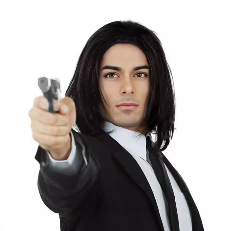 Halloween Men's Wig Medium Parted Short Straight Hair Cosplay Vincent ▪ Vega Stage Performance Props Headgear