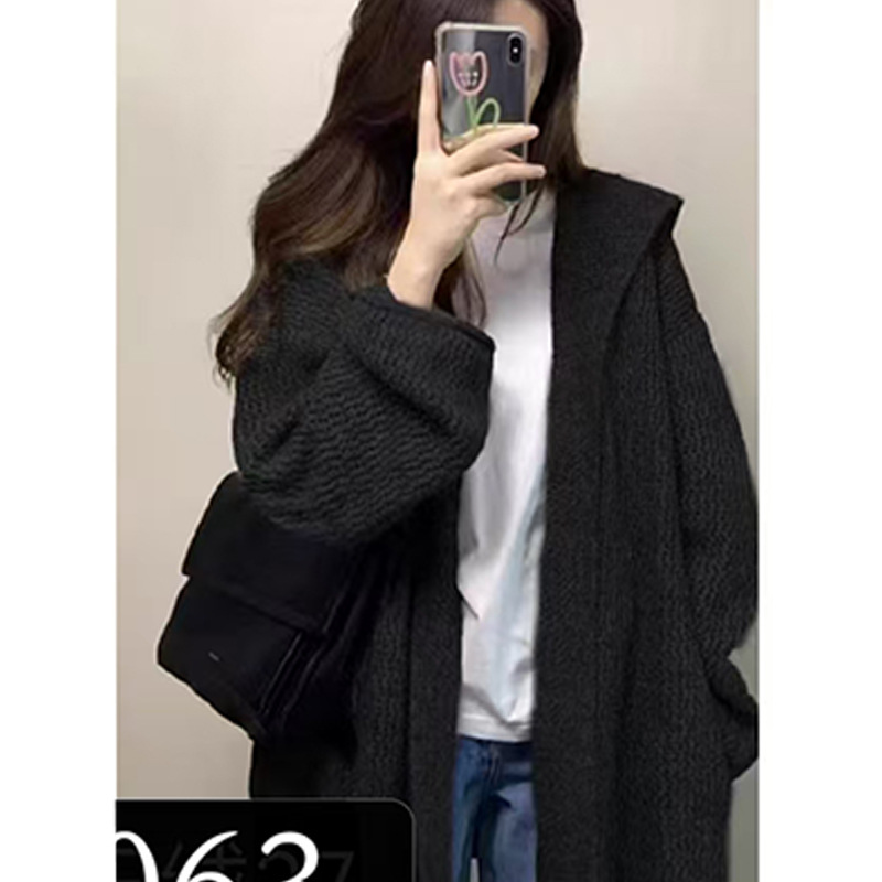 gris medio largo con capuzas con suéter chaqueta de otoño temprano temperamento coreano relajado sensación de cardigan de punto