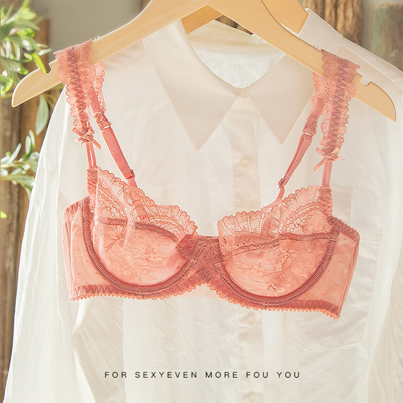 Traje de ropa interior sexy de encaje más tamaño sujetador transparente fino pecho grande lado pequeño cerrado traje de sujetador de mujer antideslizante