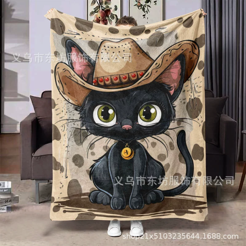 Ковбойская шляпа Черная кошка простой креативный фланелевый одеяло подходит для подарков