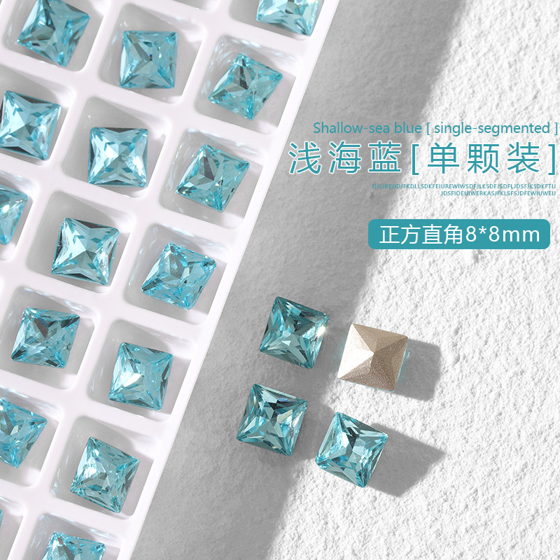 K9 cristal diamante arte de uñas luz mar azul puntiagudo fondo especial en forma de diamante oval torcido melocotón corazón ángulo recto grasa cuadrada joyería de uñas de vidrio