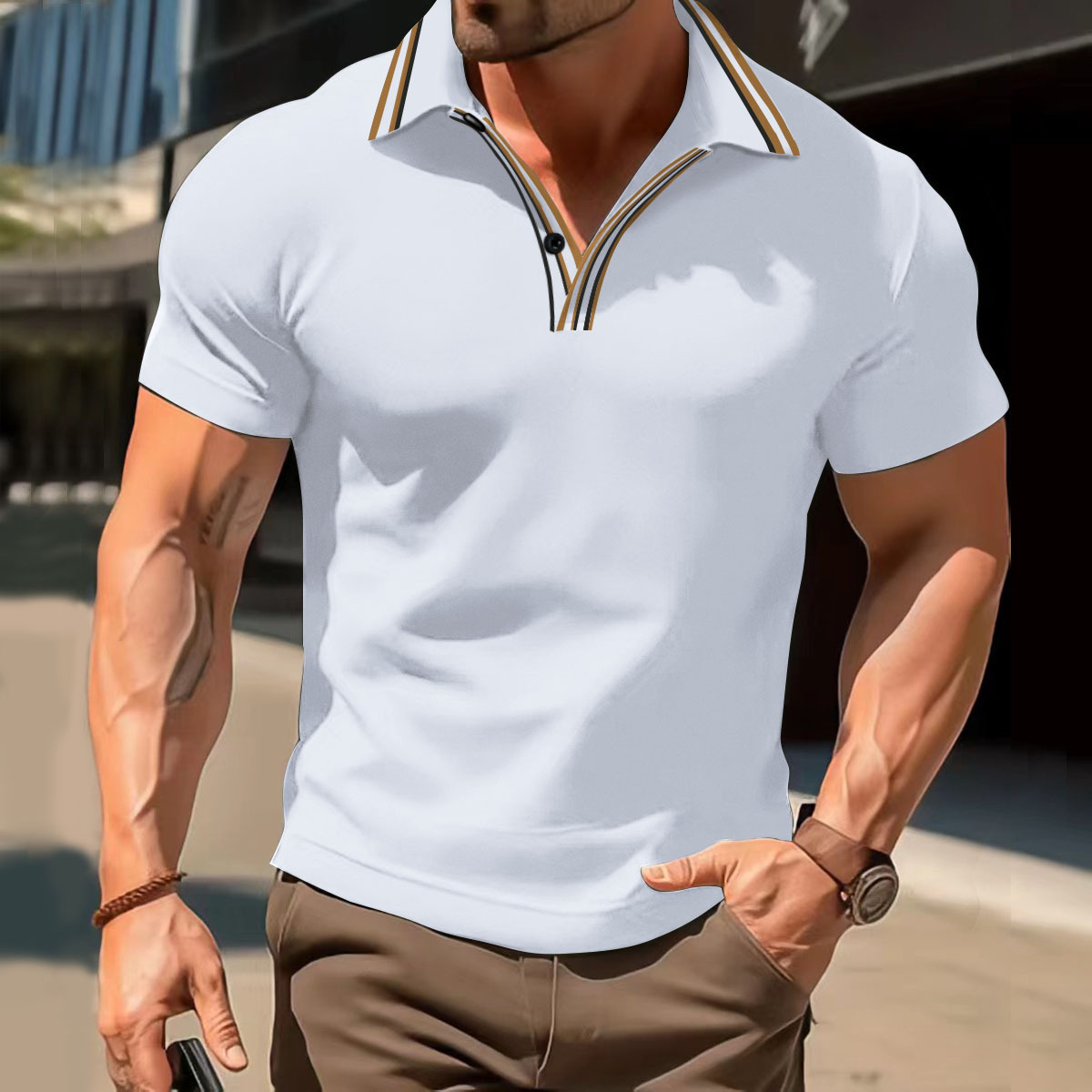 Neues Herren-Poloshirt mit Kragen, Streifen, lässig, V-Ausschnitt, Knopfleiste, vielseitiges T-Shirt_voghion.com