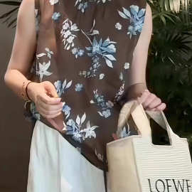 法式复古咖色碎花吊带背心衬衫女夏季新款高级小众度假风显瘦上衣