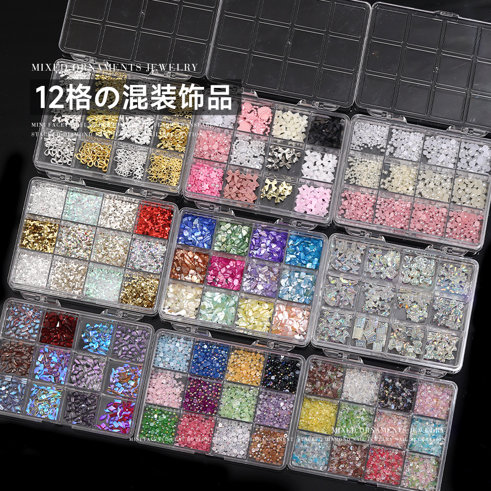 12 piezas de joyería de diamantes de manicura plana de fondo plano intermitente checo de diamantes de formas especiales joyería de mariposa de lentejuelas de uñas de perlas de todo fósforo