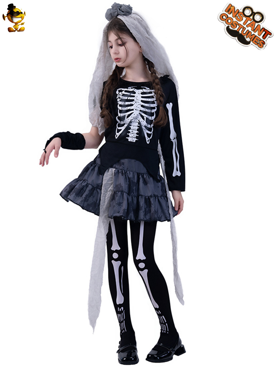 Halloween niña fantasma hueso cráneo vestido del Partido de la mascarada Cosplay traje rendimiento etapa