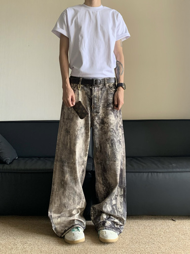 American-style 3D digital camo print denim pants for men, new for spring and summer, distressed low-rise wide-leg casual pants for women