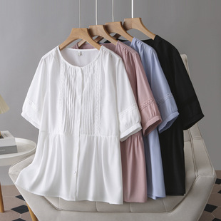 2025 Summer Round Neck Pleated Lace Shirt Short Sleeve Plus Size Women's Cardigan Thin Temperament Fat Girl Top Shirt 6107