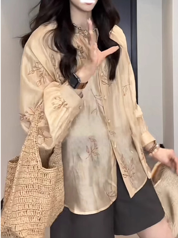2025 風に自由なテンセルリネン気質ライトラグジュアリーファッション多用途トレンディな女性の春夏プリントシャツ|undefined