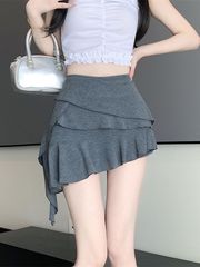 【跨境批發】荷葉邊半身裙女東南亞新款高腰顯瘦不規則A字短裙子