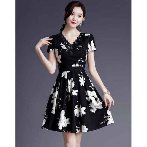 Summer women's dress is feminine and short, lace, slim, waist, printed V-neck summer dress to show slimming