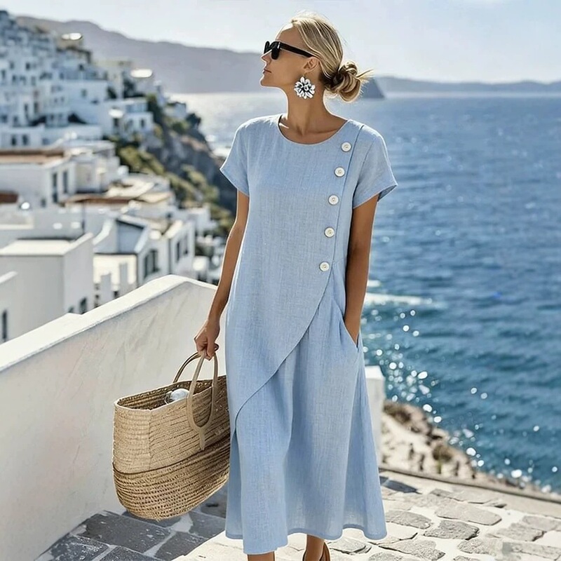 Amazon Cross-Border Independent Site European and American Women's 2026 Fashionable and Elegant Solid Color Round Neck Buttoned Vacation Dress Amazon Cross-Border Independent Site European and American Women's 2026 Fashionable and Elegant Solid Color Round Neck Buttoned Vacation Dress