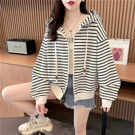2024早秋新款百搭条纹港风连帽卫衣开衫女学生宽松休闲上衣外套潮