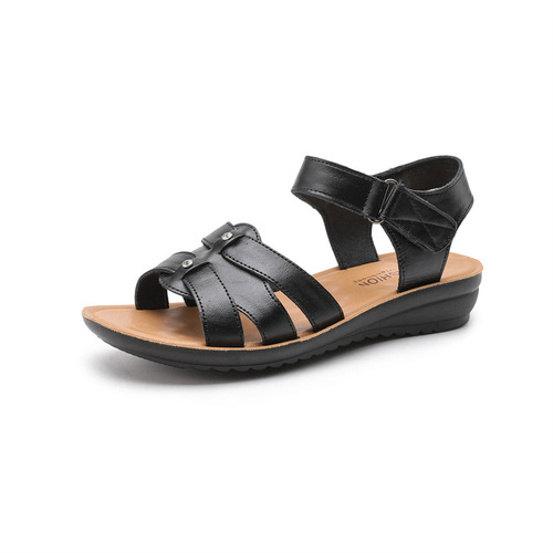 First-layer cowhide new mother's sandals genuine leather soft sole comfortable flat middle-aged and elderly women's shoes large size elderly shoes summer