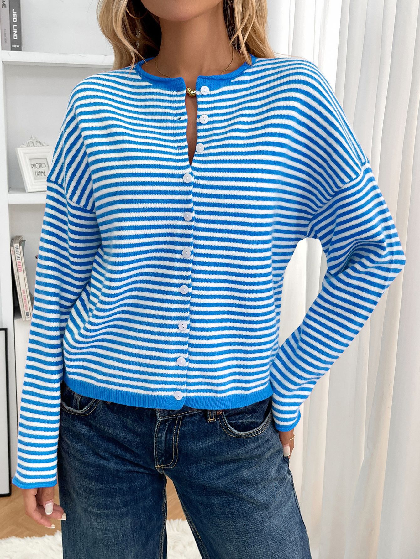 Women's Knit Striped Cardigan Casual Long Sleeve Round Neck Button Sweater Autumn Winter American Style Acrylic Polyester_ecoleips.com