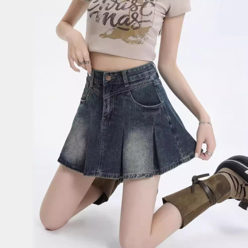 American Retro Cowboy Short Skirt Women Summer Petite Design A-line Shorts Pleated Skirt Women's Hem Skirt