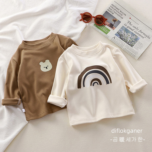 Children's Fall and Winter Fleece Warm Clothing for Boys and Girls, Cartoon Korean Style, Stylish Long-Sleeve Base Shirt, Innerwear Top Sweatshirt