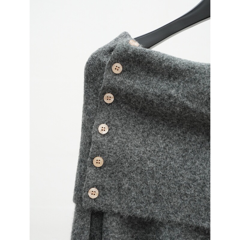 Lazy One-Shoulder Gray Off-Shoulder Bottoming Shirt Buttoned Long-Sleeved Sweater Elegant Wool Top Collarbone