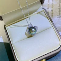 Серебряный кулон S925 с четырехлистным клевером и жемчугом морской воды не выцветает, элегантный и универсальный, таитянский черный жемчуг 9-10 мм.