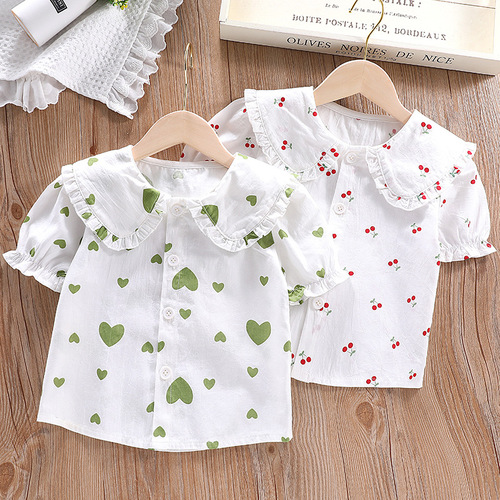 Girls' short-sleeved shirt children's base shirt white blouse 2025 summer new doll collar small and medium children's trendy top