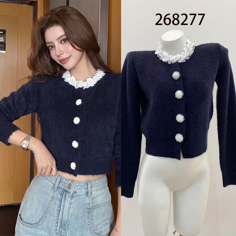 SP Home 268277 New Autumn/Winter Collection Navy Blue Round Neck Floral Lace Trim Short Knit Cardigan Top SP Home 268277 New Autumn/Winter Collection Navy Blue Round Neck Floral Lace Trim Short Knit Cardigan Top