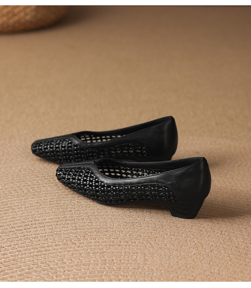 Giày sandal nữ mũi vuông gót thấp 3 cm da cừu hở bên — đen chi tiết 25