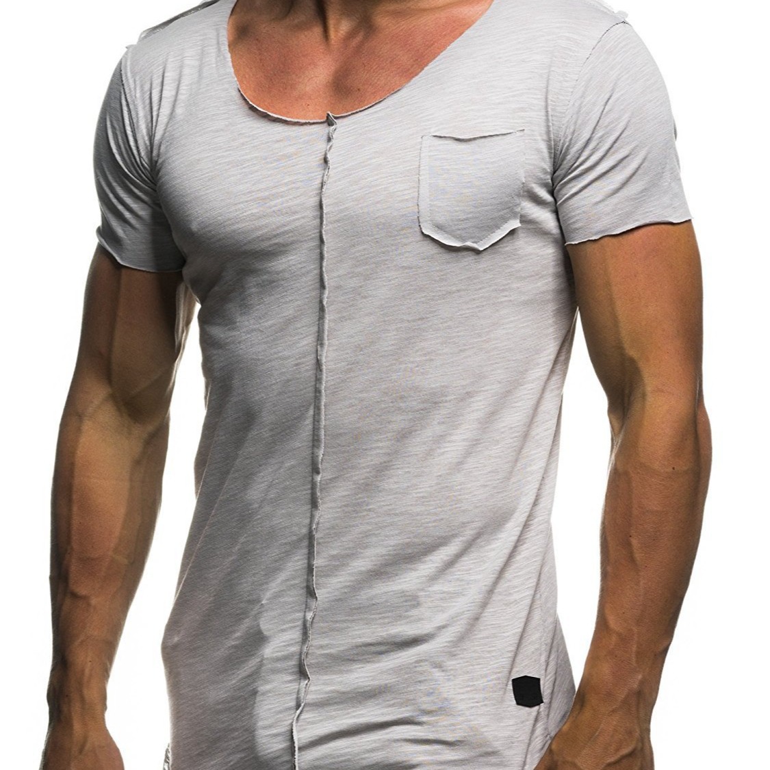 New Men's Casual Fashion Round Neck Patchwork Raw Edge T-Shirt Summer Casual Sports Short-Sleeved T-Shirt