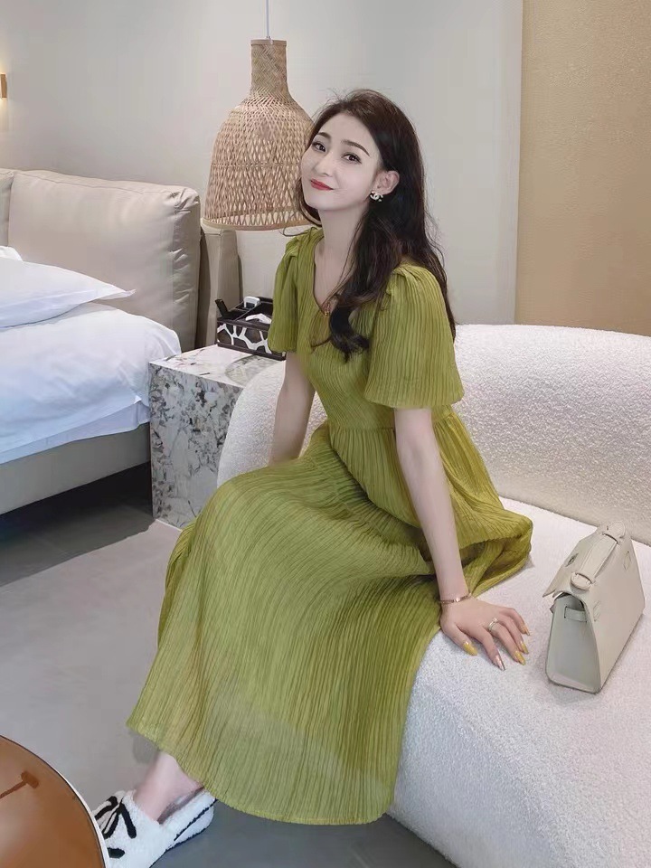 Đầm suông nữ midi cổ vuông tay phồng phong cách Pháp Hepburn — Màu xanh lá