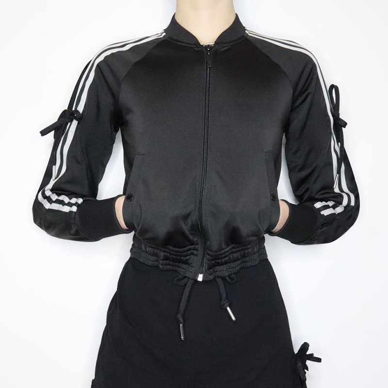 美式运动风秋冬外套蝴蝶结条纹织带拉链夹克棒球服收腰休闲短上衣