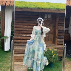 大码女装法式气质高腰印花吊带裙夏季薄紗开衫碎花连衣裙套装网纱