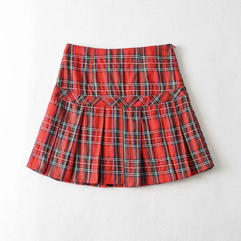 high waist stitching plaid pleated short skirt NSAC52939