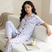 韩版ins风短袖仿棉睡衣女春夏季开衫樱桃小印花新款家居服可外穿