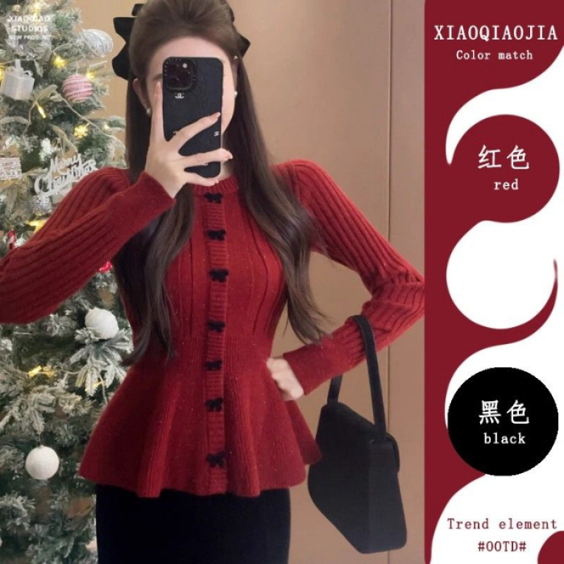 过年穿搭喜庆红色蝴蝶结毛衣女秋季2025大码胖mm超好看针织衫上衣|undefined
