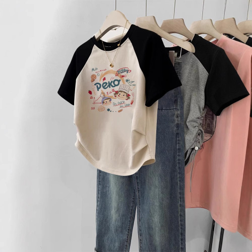 Unstructured Shoulder-Sleeve Short-Sleeve T-shirt for Women 2025 Early Spring Square Shoulder Summer Short Length Waist-Cutting Design Frock