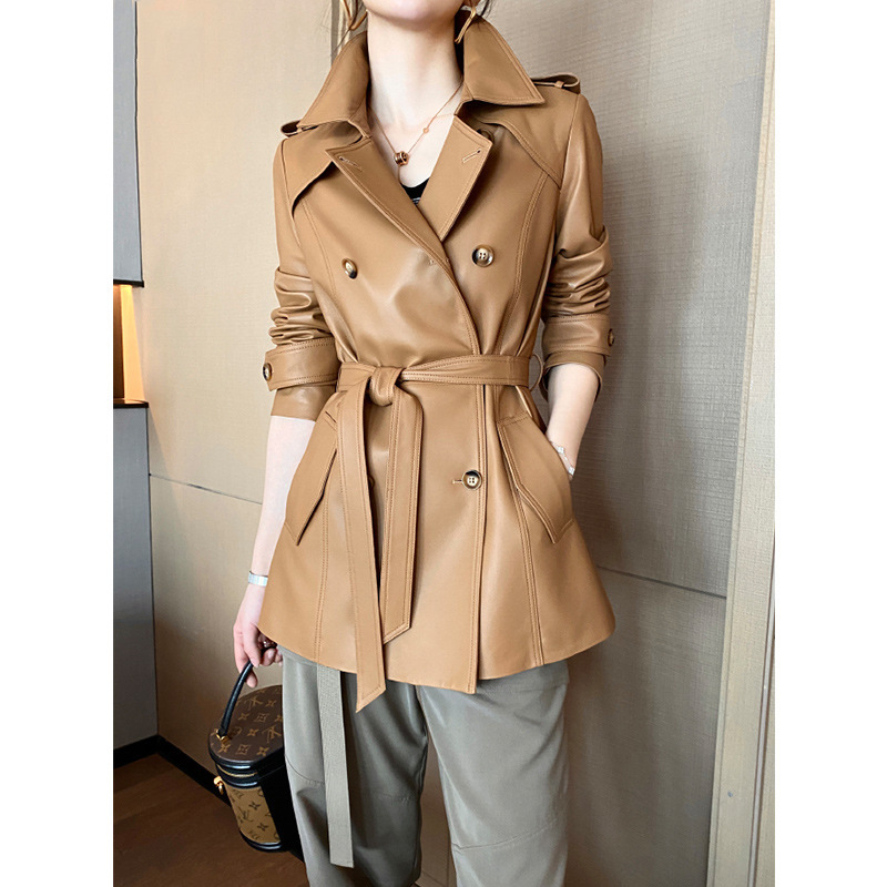 Factory direct 2024 Haining leather leather women's autumn new fashion waist long sheepskin windbreaker coat