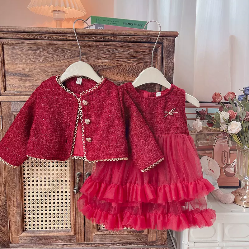 女童小香风加绒公主裙套装儿童洋气秋冬生日连衣裙女孩网纱蛋糕裙