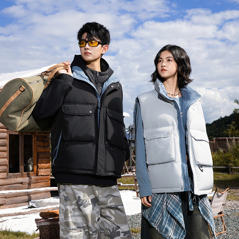 American Retro Trendy Brand Large Pocket Solid Color Plus-Size down Vest for Men and Women, Loose Thickened Warm Sleeveless Vest