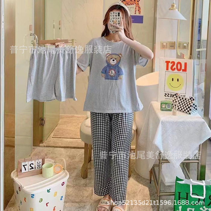 Pajamasクロスボーダー外国貿易工場卸売パジャマ女性半袖ショートパンツ長ズボン三点セット漫画ホームスーツ|undefined