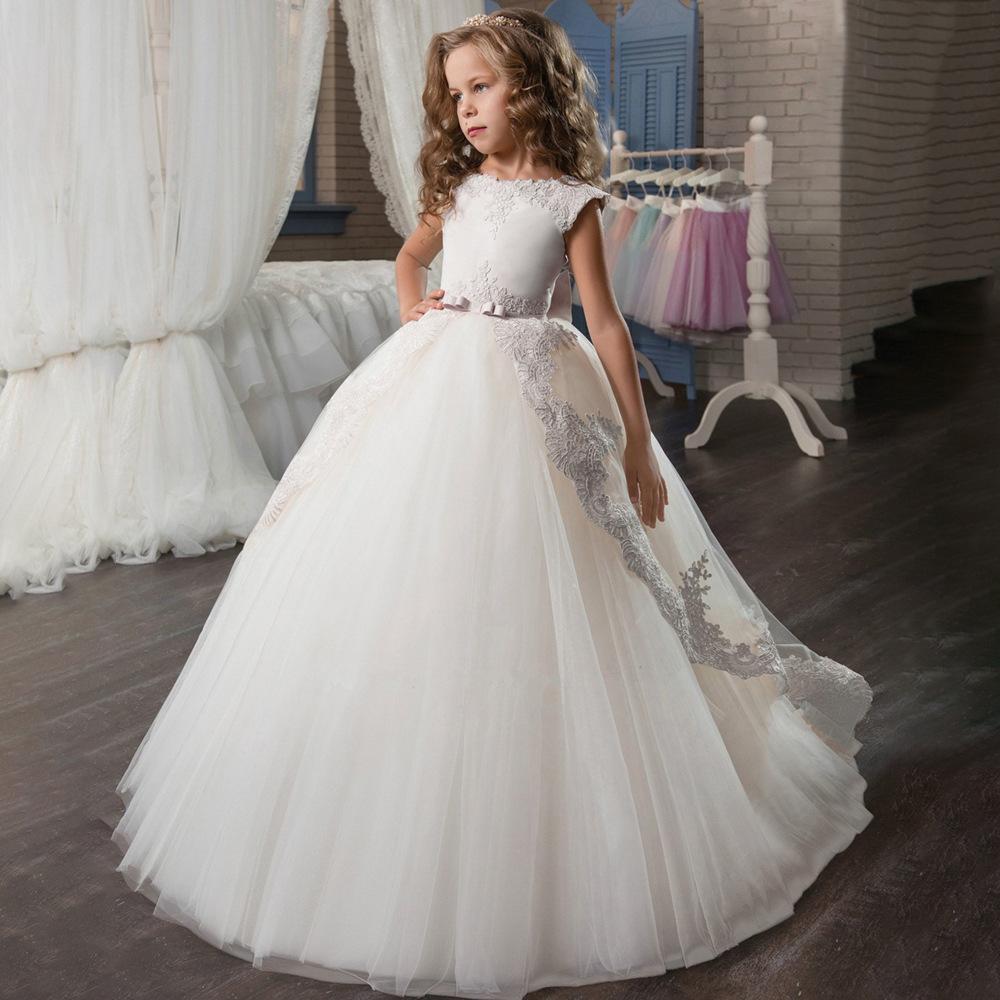 Vestido infantil largo transfronterizo de encaje bordado europeo y americano princesa arco vestido de boda vestido de cola de chicas vestido de noche