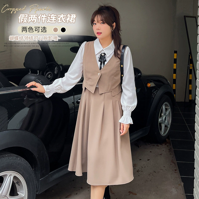 Осень/Зима Новый плюс размер женщин 200 кг пухлые девушки корейский тонкий шить поддельные из двух частей платье 330770