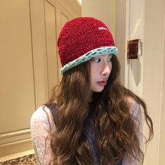 2025早秋新款手工撞色针织包头帽子女小众堆堆帽显脸小卷边毛线帽