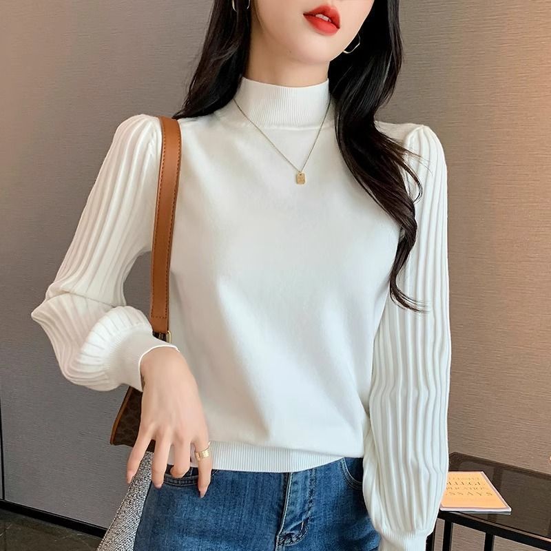 2025冬季法式半高领泡泡袖针织衫高端气质打底衫高级感长袖T恤毛