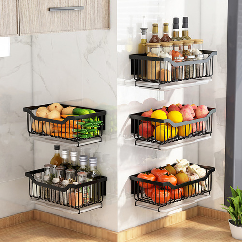 Wall-mounted kitchen shelf, spice rack, storage organizer, stainless steel no-drill hanging rack, vegetable rack, and fruit display stand