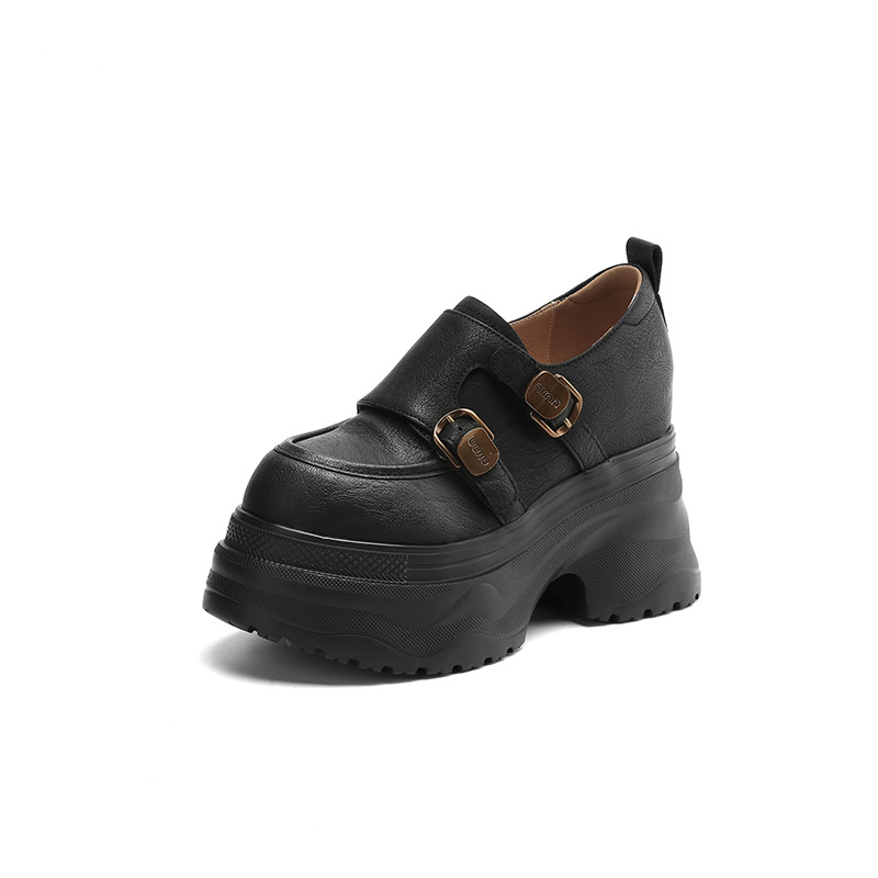 Giày loafer nữ đế xuồng cao 12 cm, miệng sâu cổ điển, khóa thắt lưng — Màu đen, Màu đen kaki